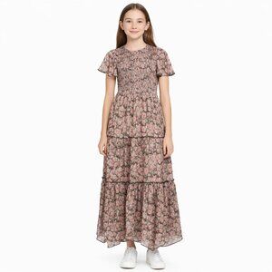 Zunie Floral Chiffon Maxi Dress Smocked Tiered Flutter Sleeve Mocha